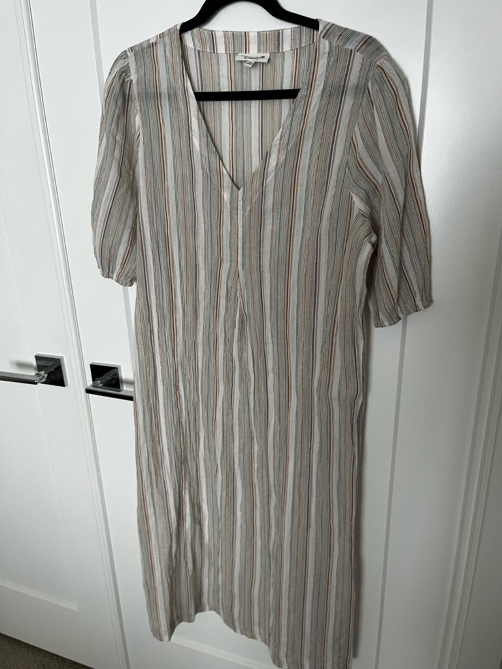 Studio B by Bobeau Striped V-Neck Midi Dress in Beige and Taupe